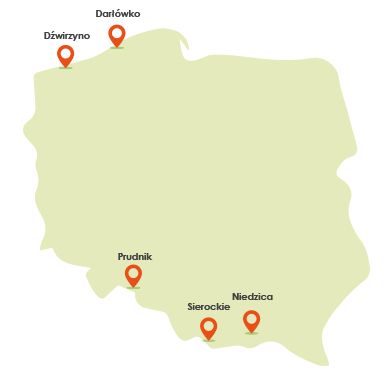 Mapa z lokalizacjami kolonii i obozów - Sierockie, Prudnik i Dźwirzyno
